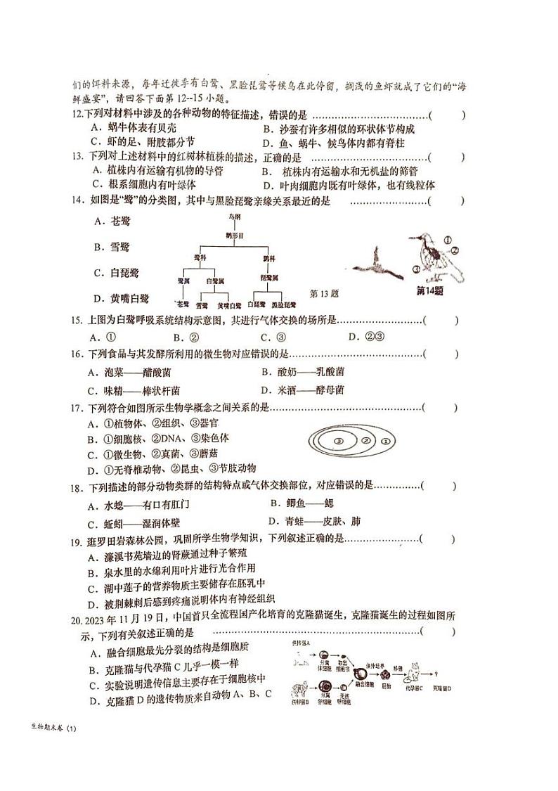 江西省赣州市于都县2024-2025学年七年级上学期1月期末生物试题第2页