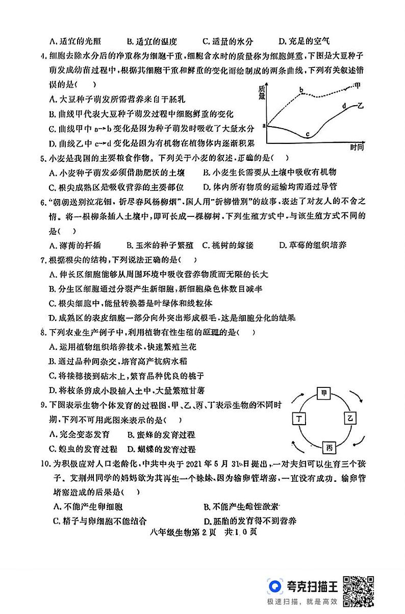 山东省德州市禹城市2024-2025学年八年级上学期期末考试生物试题第2页