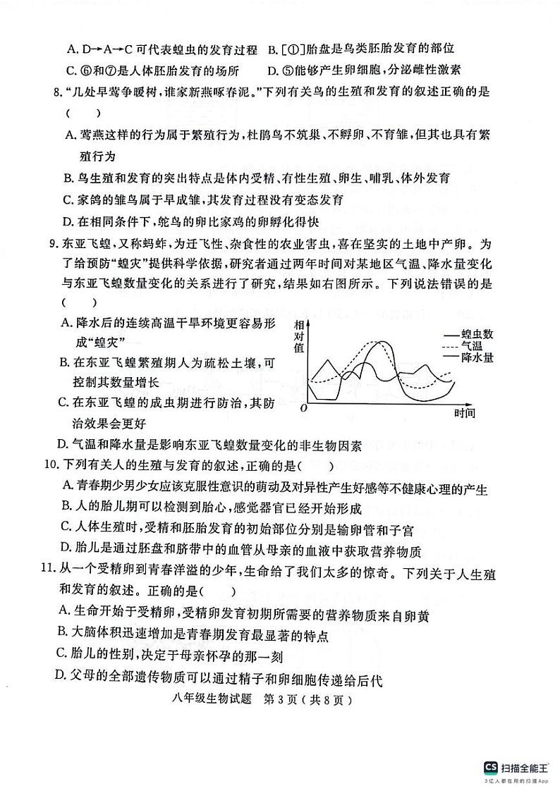 山东省济宁市梁山县2024--2025学年八年级上学期期末教学质量调研生物试题第3页