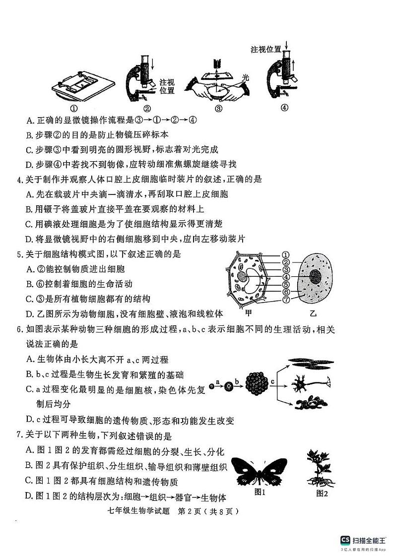 山东省济宁市梁山县2024--2025学年七年级上学期期末教学质量调研生物试题第2页