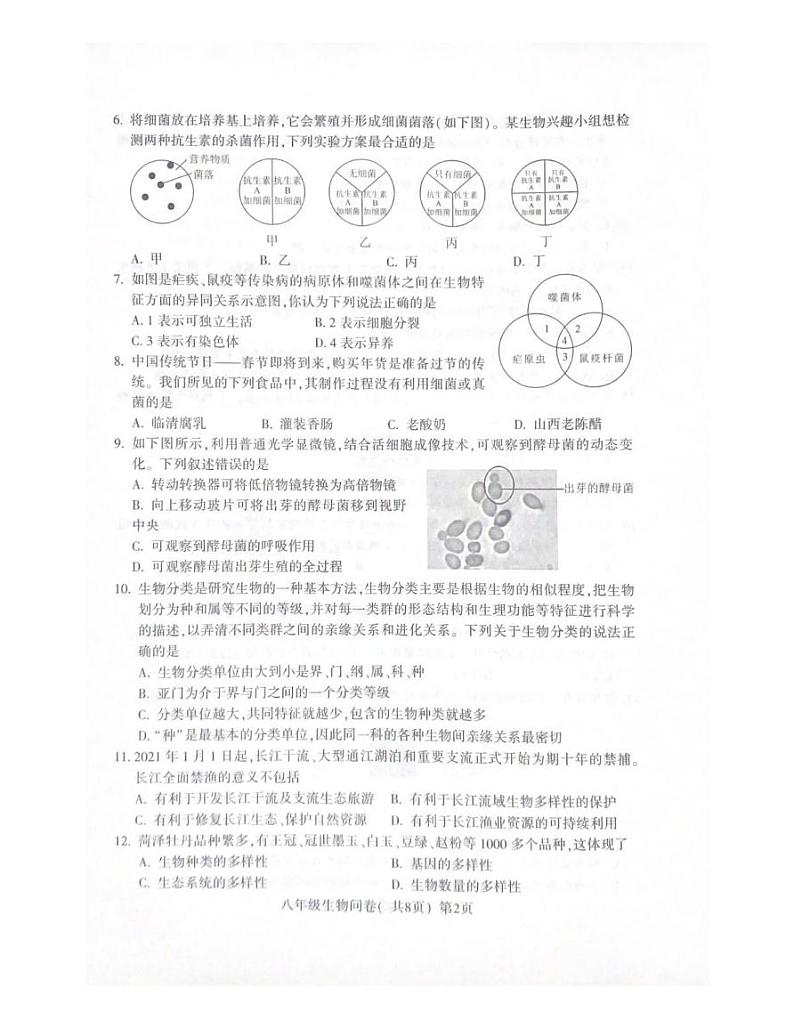 山东省聊城市阳谷县2024-2025学年八年级上学期生物期末测试题第2页