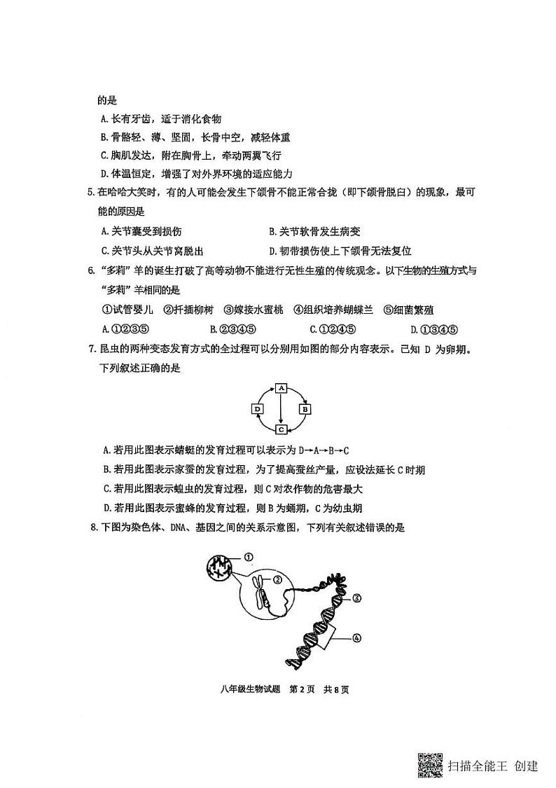 山东省泰安市宁阳县2024-2025学年八年级上学期期末考试生物试题第2页