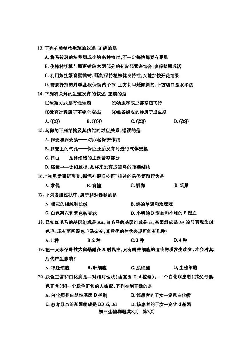 山东省泰安市泰山区2024-2025学年八年级上学期期末考试生物试卷第3页