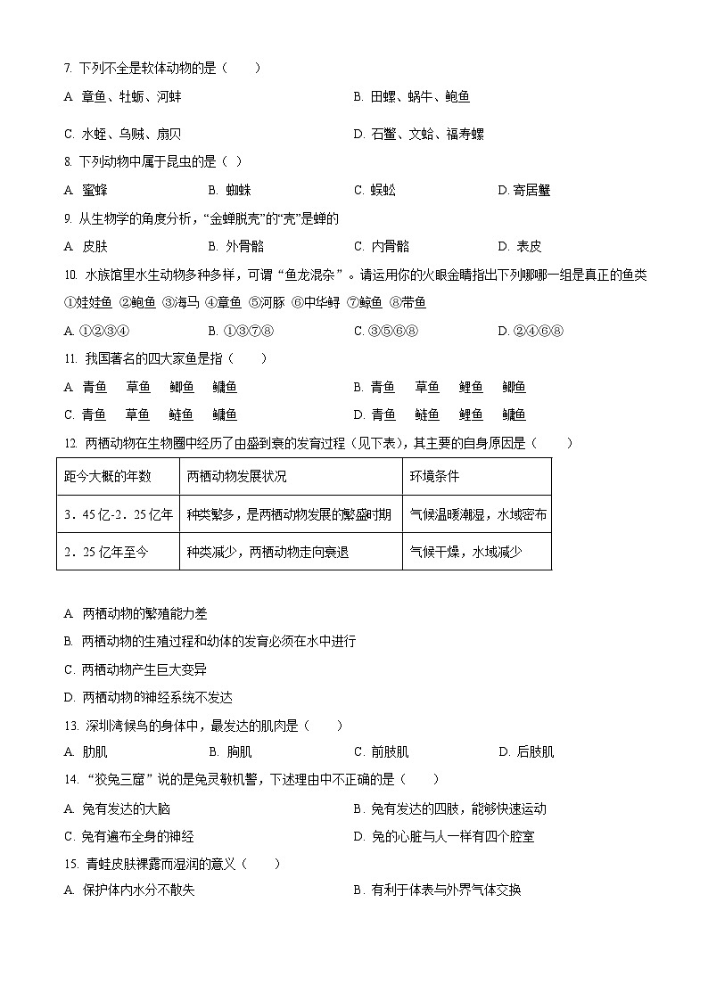 深圳市蛇口育才教育集团2023-2024学年八年级上学期期中考试生物试卷第2页