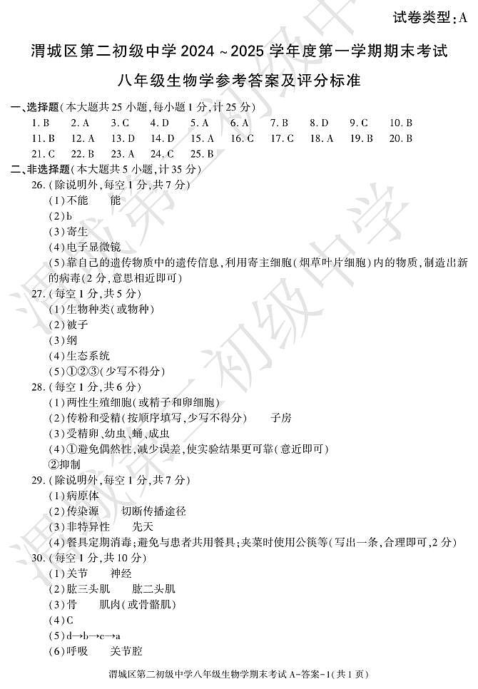 期末考试八年级生物答案第1页