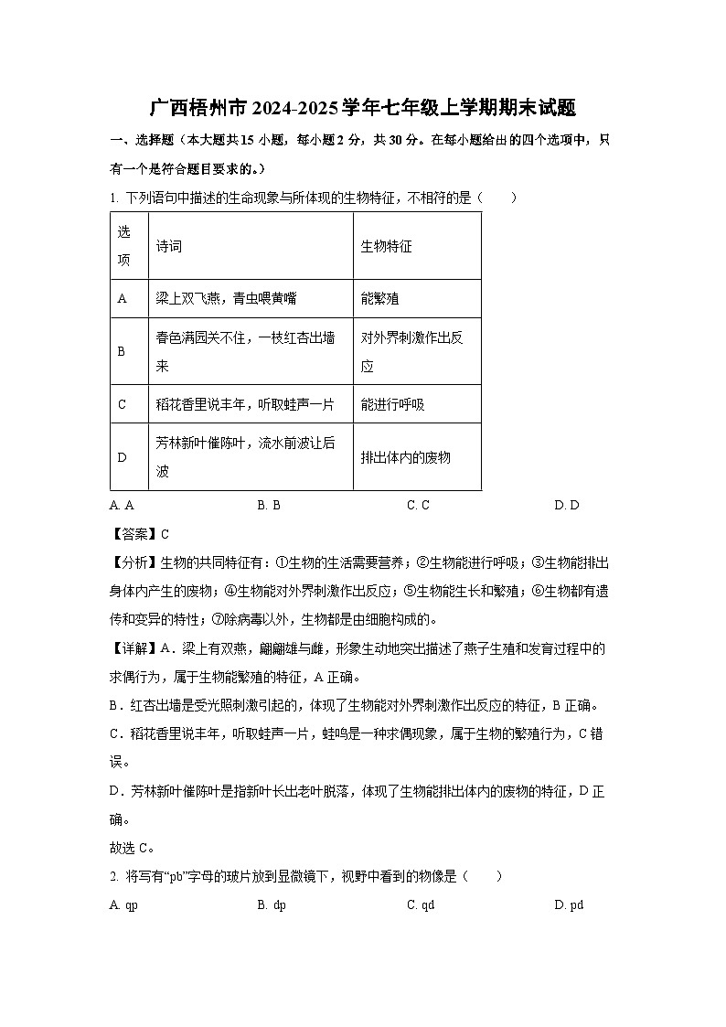 2024-2025学年广西梧州市七年级上学期期末生物试卷（解析版）第1页