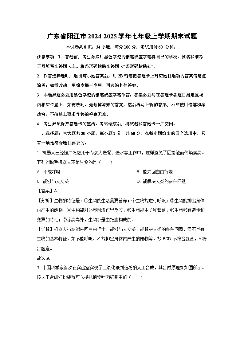 2024-2025学年广东省阳江市七年级上学期期末生物试卷（解析版）第1页