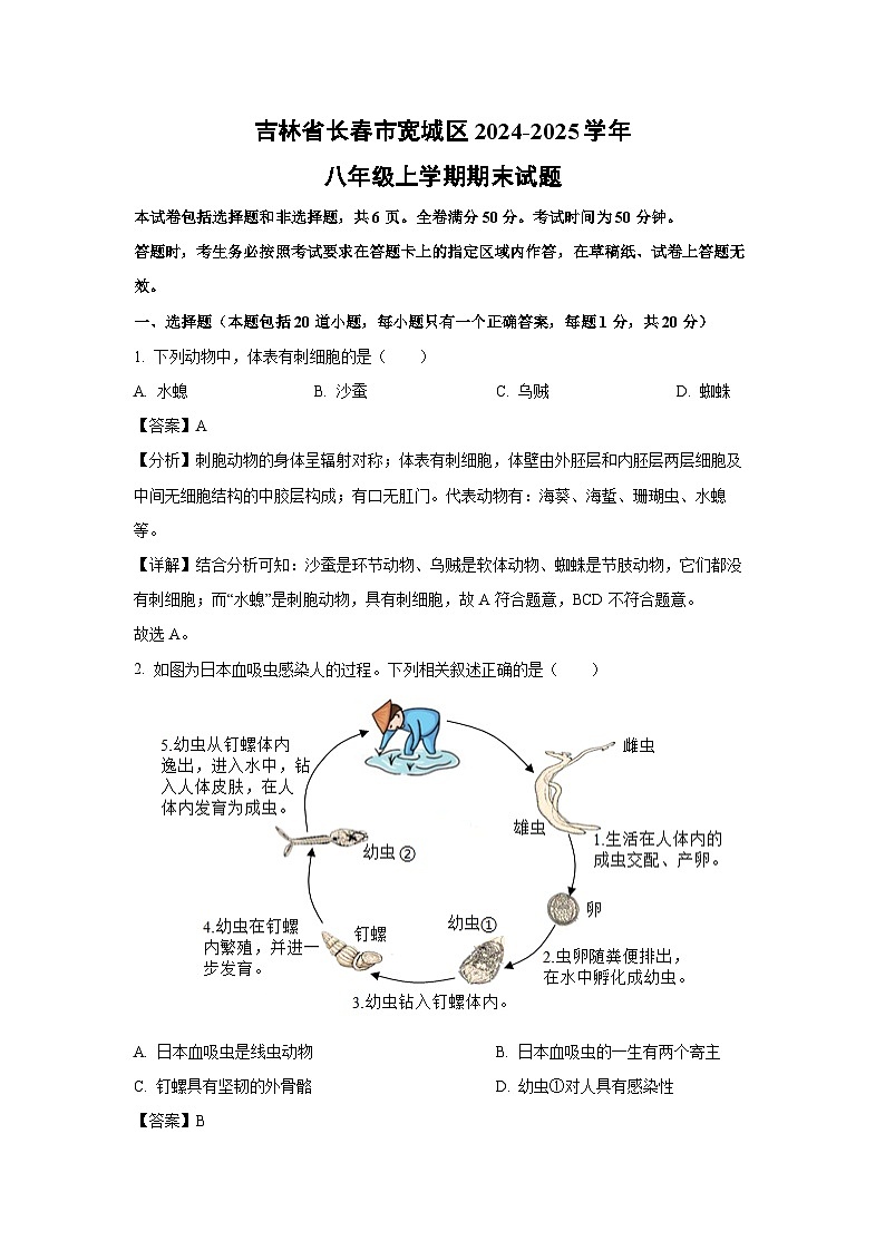 2024-2025学年吉林省长春市宽城区八年级上学期期末生物试卷（解析版）第1页