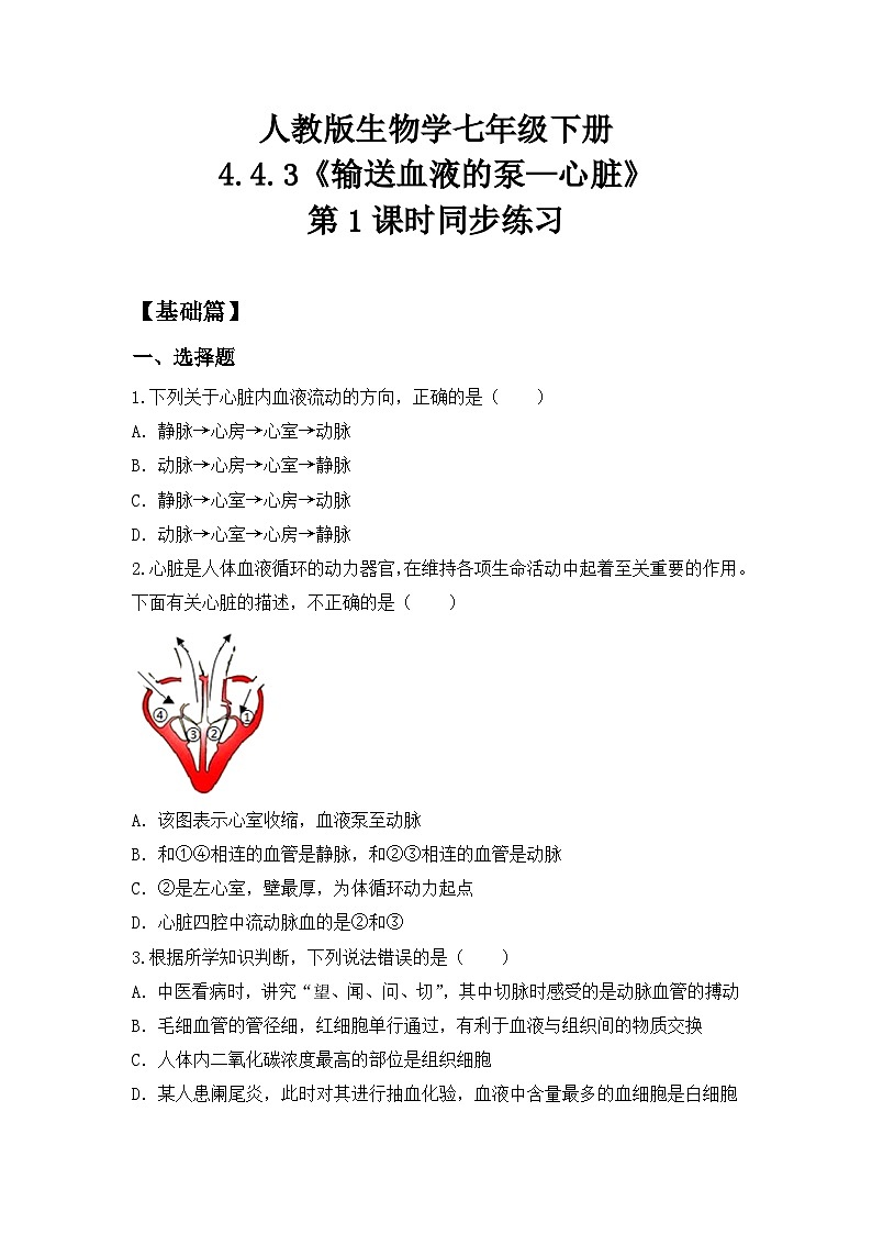 人教版初中生物七年级下册4.4.3《输送血液的泵—心脏》第1课时  同步练习（含答案）第1页