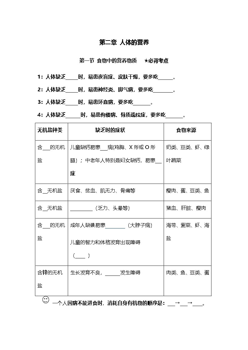 人教版初中生物七下4.2人体的营养（学生版）第1页