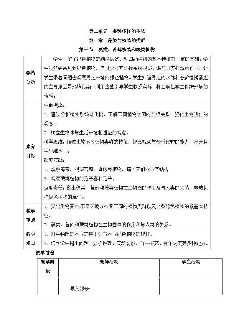 人教版（2024）七年级生物上册2.1.1 藻类、苔藓植物和蕨类植物 教案第1页