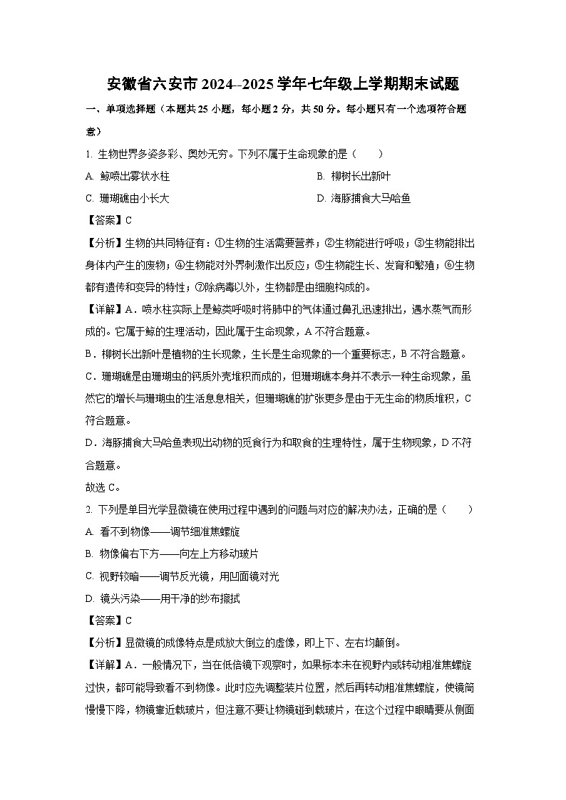 安徽省六安市2024--2025学年七年级上学期期末生物试卷（解析版）第1页