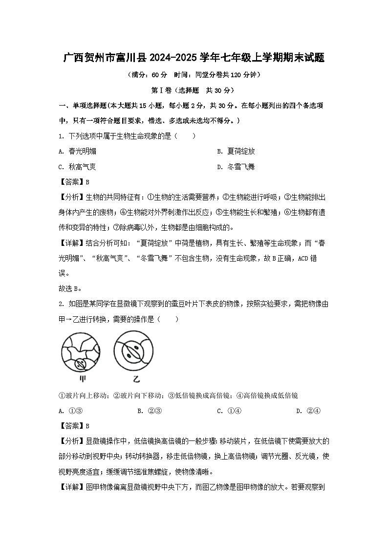 广西贺州市富川县2024-2025学年七年级上学期期末生物试卷（解析版）第1页