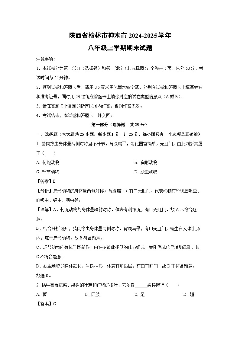 陕西省榆林市神木市2024-2025学年八年级上学期期末生物试卷（解析版）第1页