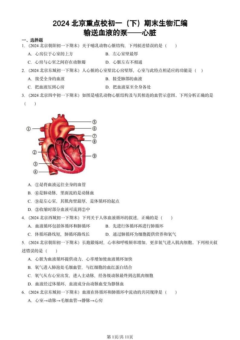 2024北京重点校初一（下）期末真题生物汇编：输送血液的泵──心脏第1页