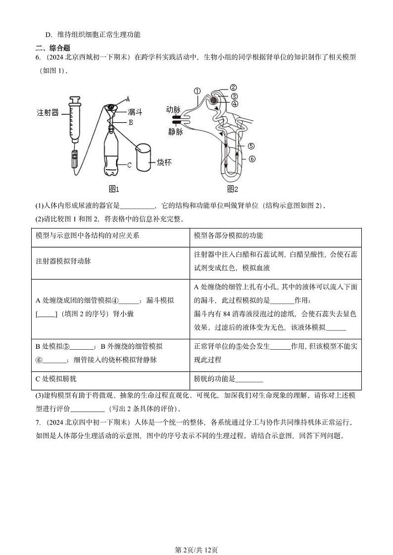 2024北京重点校初一（下）期末真题生物汇编：生物的排泄章节综合（京改版）第2页