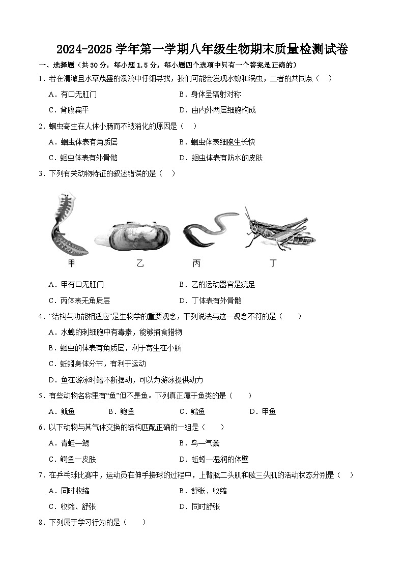 甘肃省武威市第三中学教育集团联片教研2024-2025学年八年级上学期期末考试生物试卷第1页