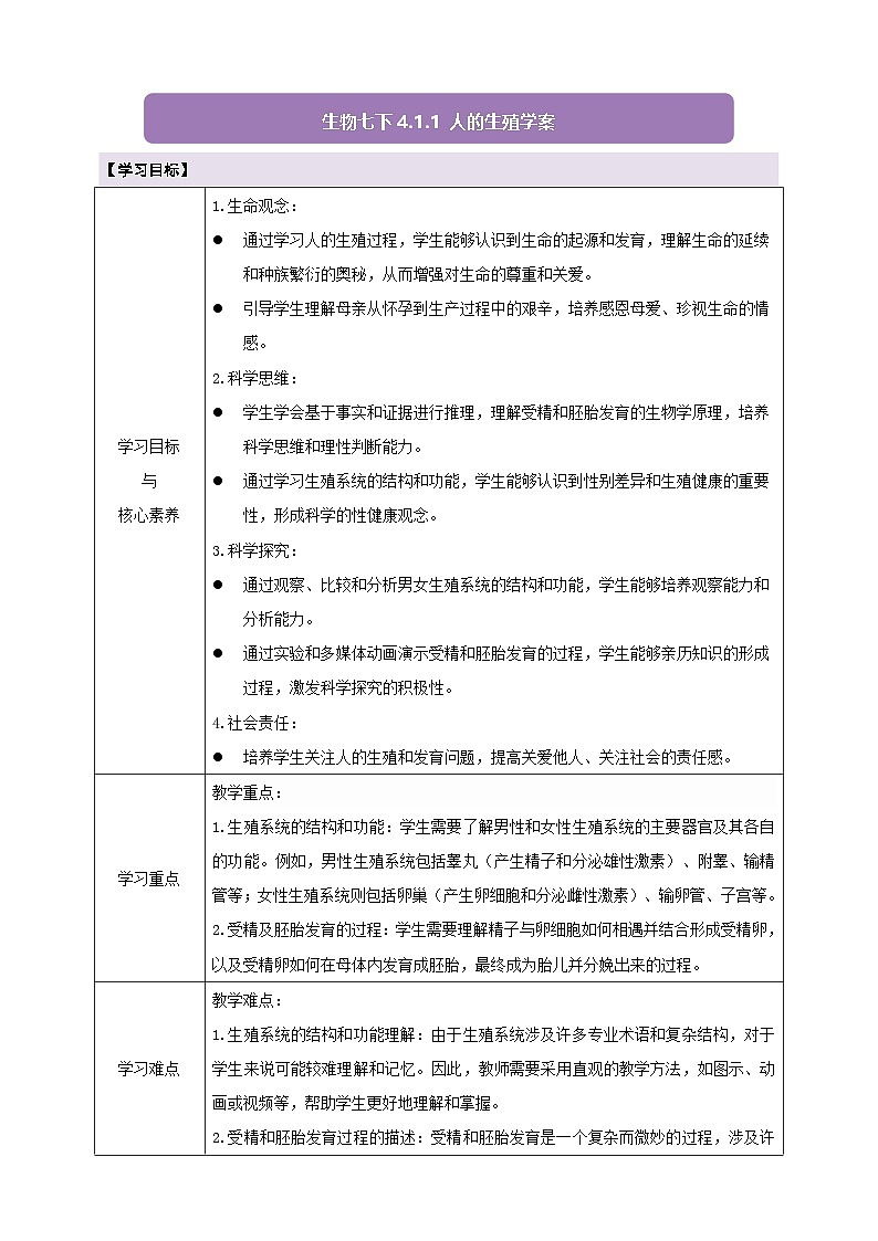 【大单元教学】人教版（新教材）生物七下 4.1.1人的生殖 学案（含答案）第1页