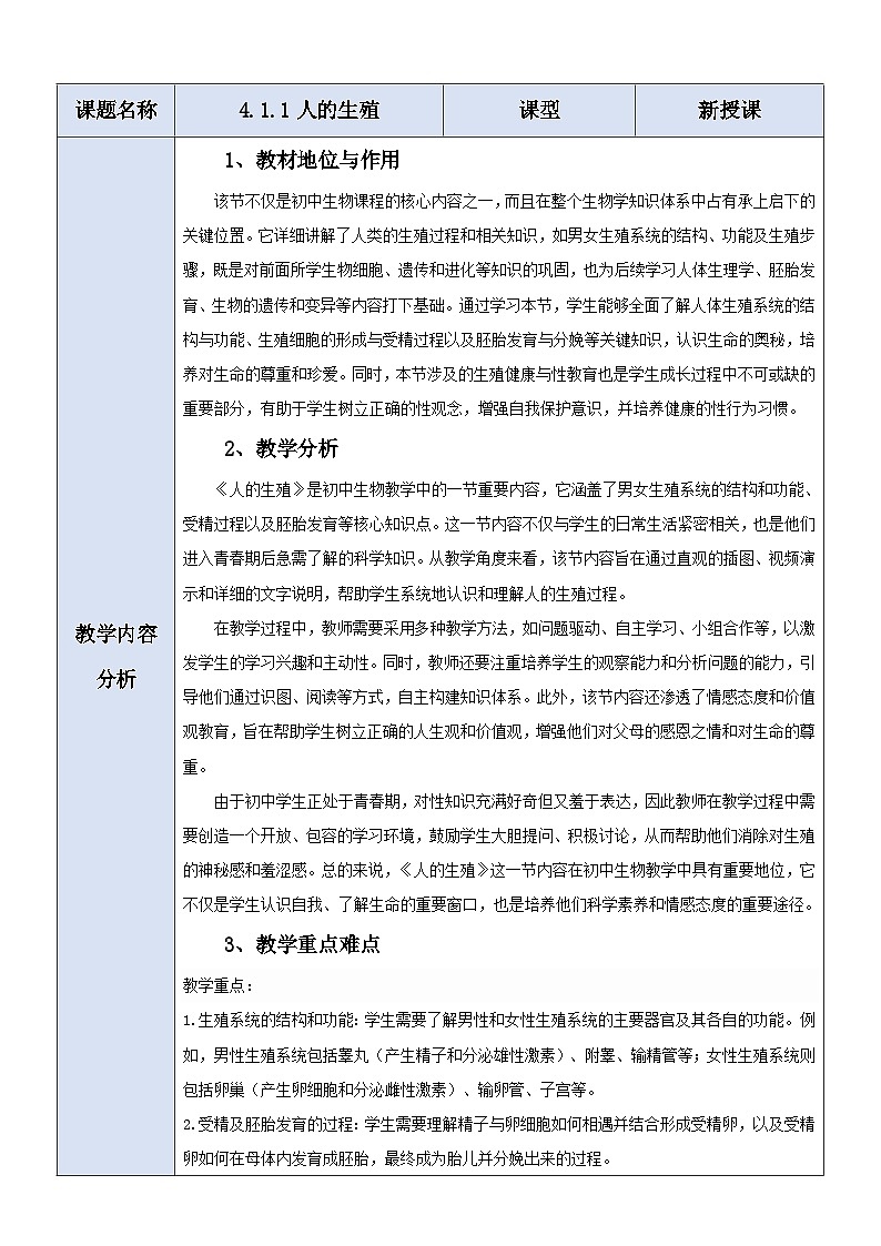【大单元教学】人教版（新教材）生物七下 4.1.1人的生殖 教学设计第1页