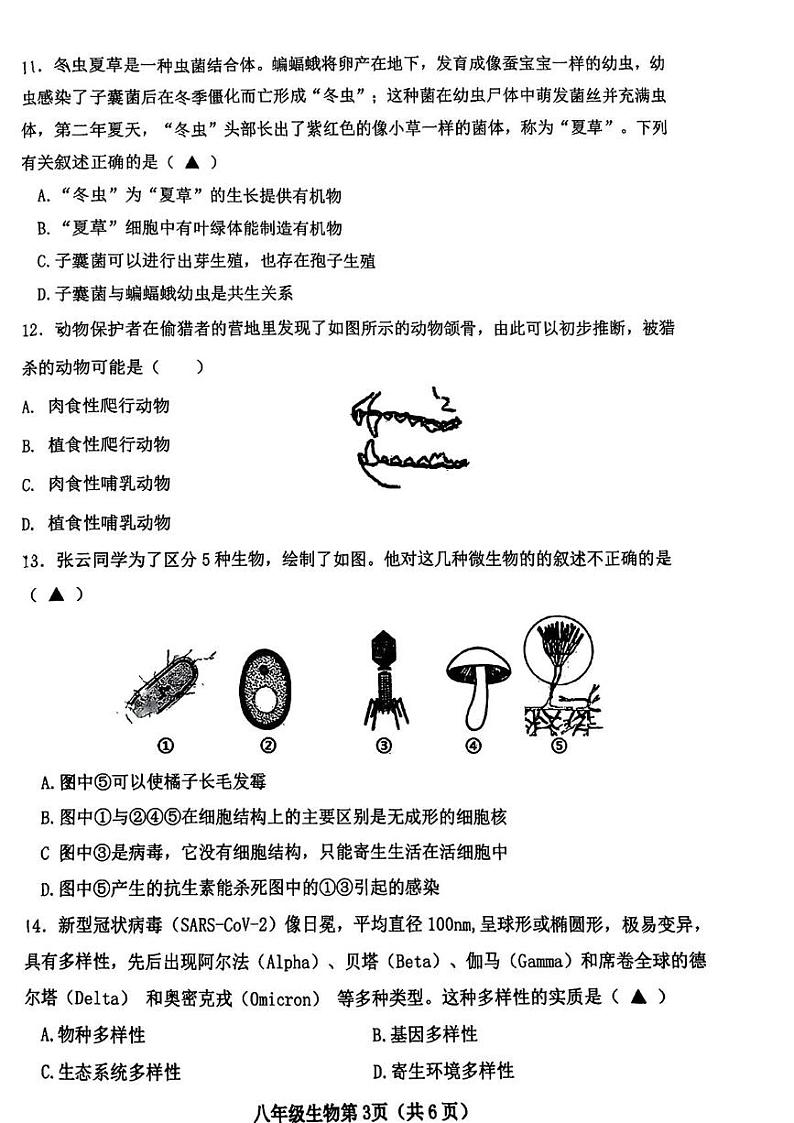 山西省晋中市太谷区2024-2025学年八年级上学期期末质量检测卷生物试卷第3页