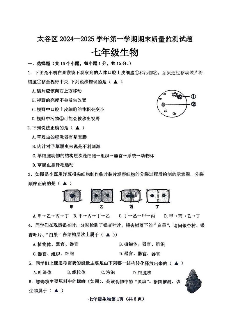 山西省晋中市太谷区2024-2025学年七年级上学期1月期末生物试题第1页