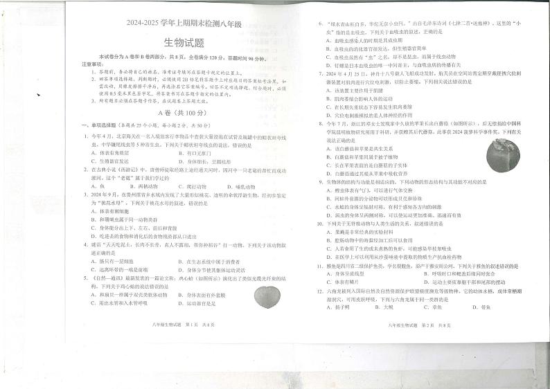 四川省雅安市2024-2025学年八年级上学期期末检测生物试题第1页