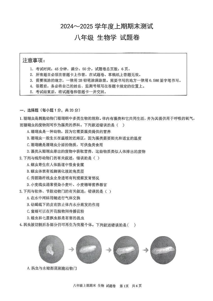 重庆市大足区2024-2025学年八年级上学期期末质量监测生物试题第1页