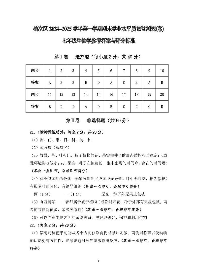 山西省晋中市榆次区2024-2025学年七年级上学期期末生物试卷 七年级生物答案第1页