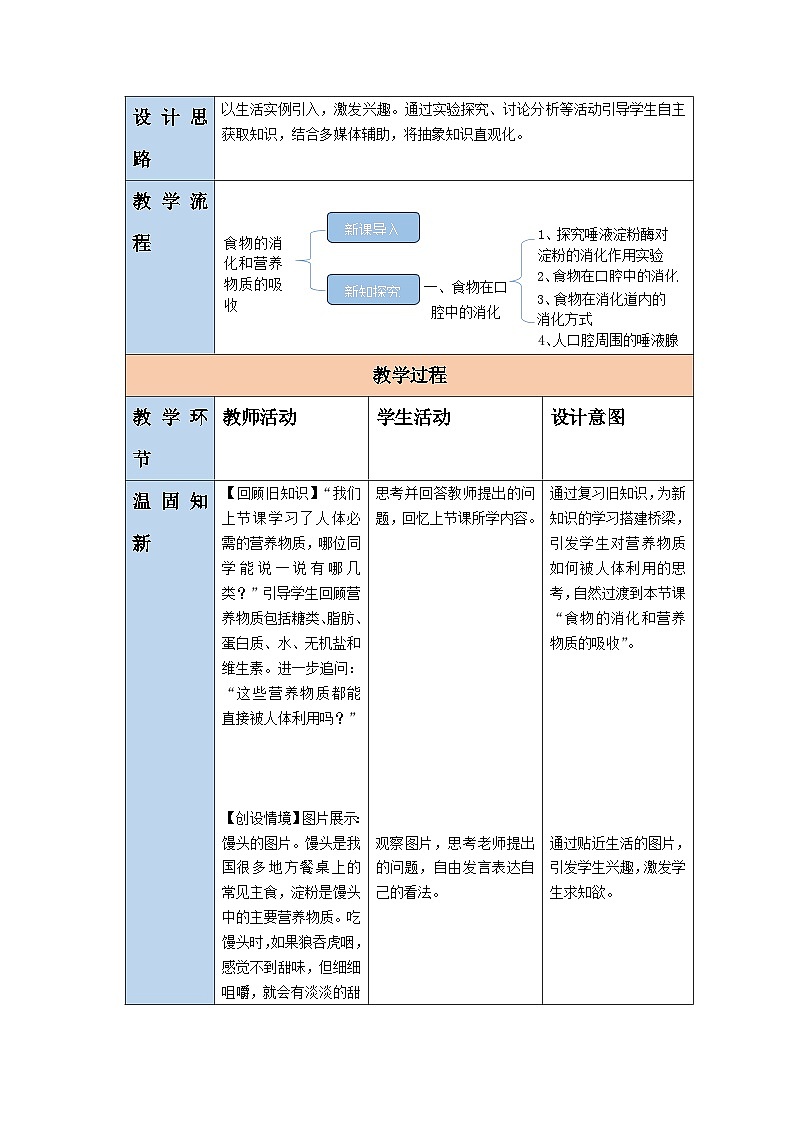 【核心素养】冀少版生物七下3.1.3.1食物在口腔中的消化 教学设计第3页