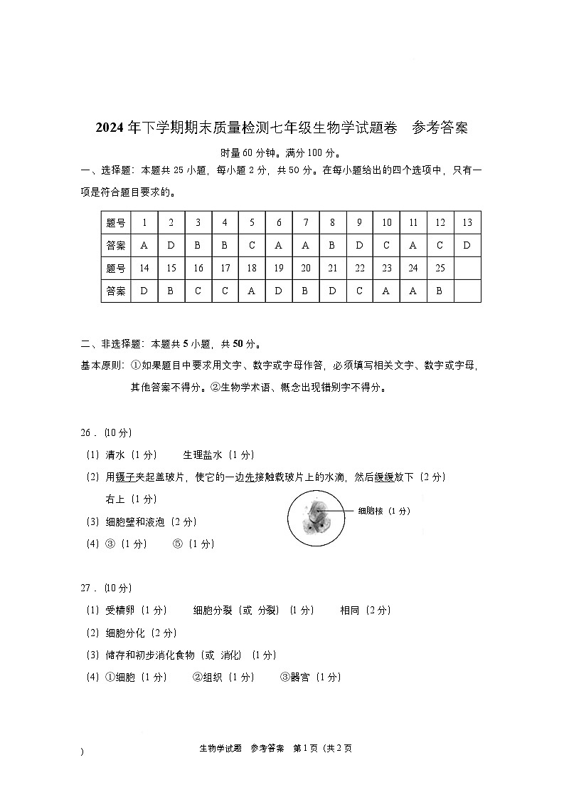 初中生物学七上期末参考答案2024.12第1页