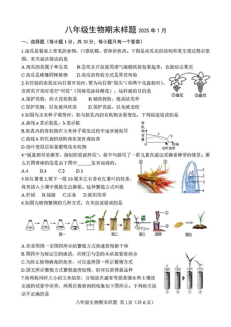 （教研室）山东省菏泽市定陶区2024-2025学年八年级上学期期末考试生物试题第1页