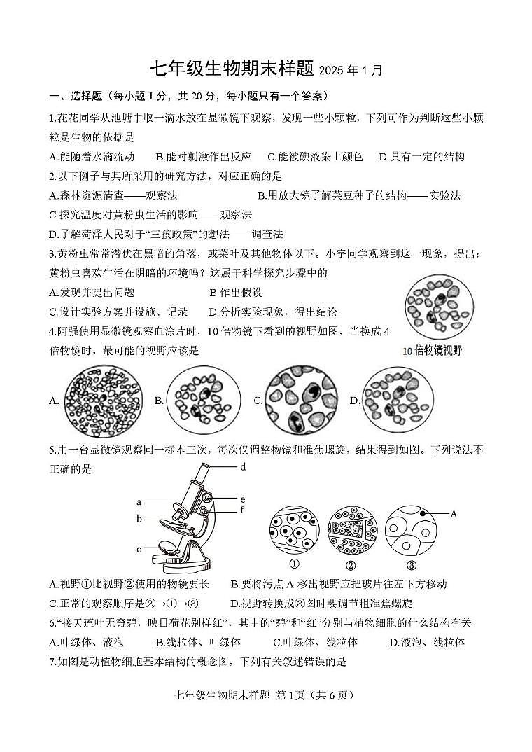 （教研室）山东省菏泽市定陶区2024-2025学年七年级上学期期末考试生物试题第1页