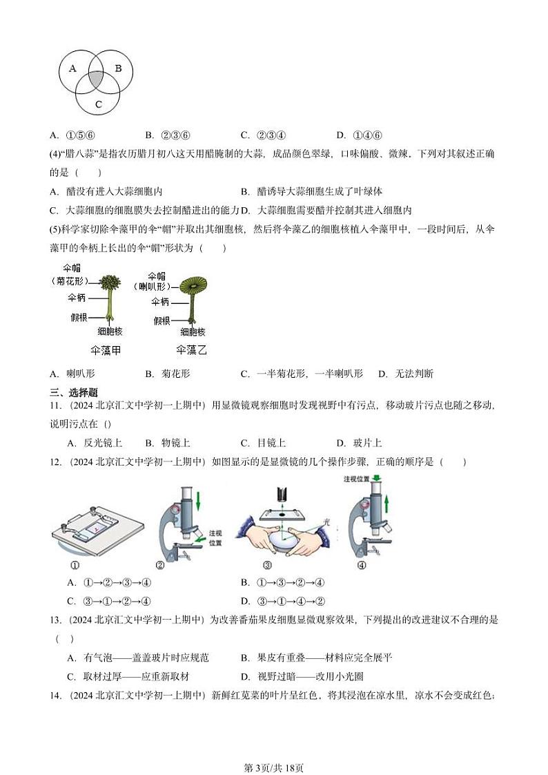 2024北京重点校初一（上）期中真题生物汇编：细胞是生命活动的基本单位章节综合第3页