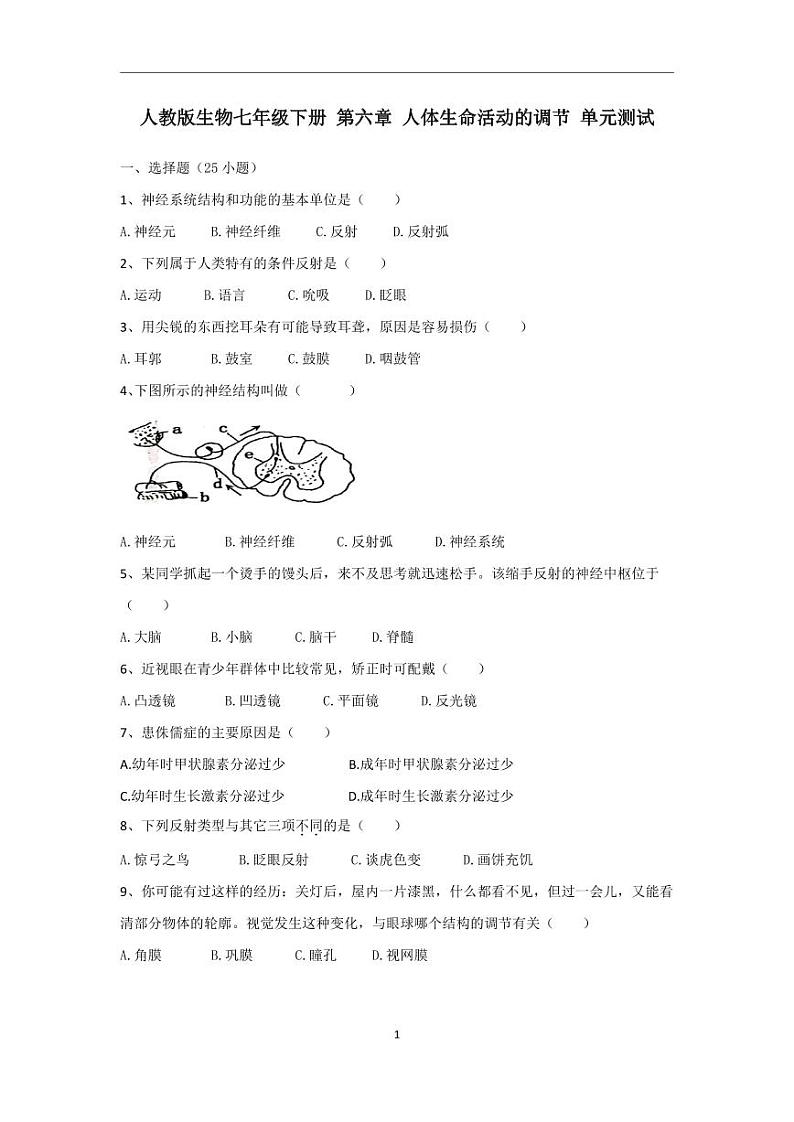 人教版生物七年级下册 第六章 人体生命活动的调节 单元测试第1页
