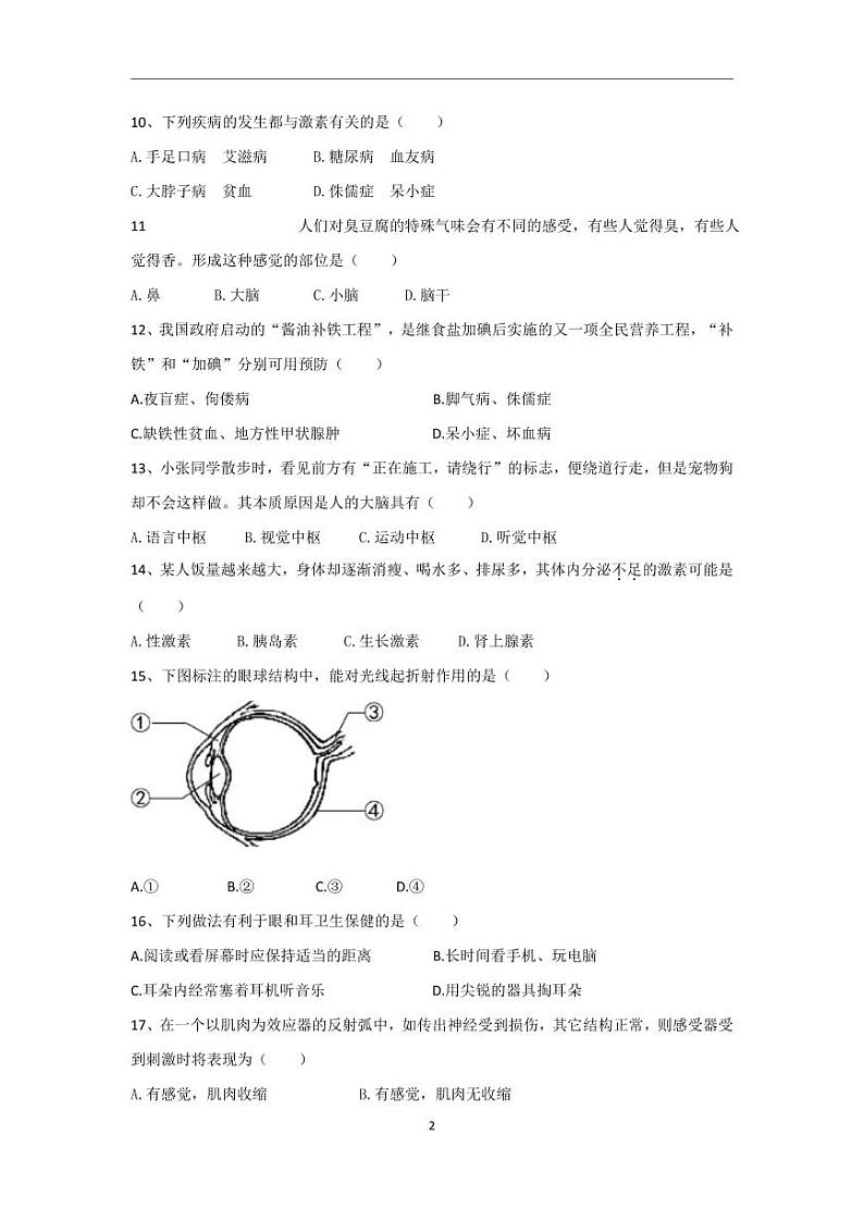 人教版生物七年级下册 第六章 人体生命活动的调节 单元测试第2页
