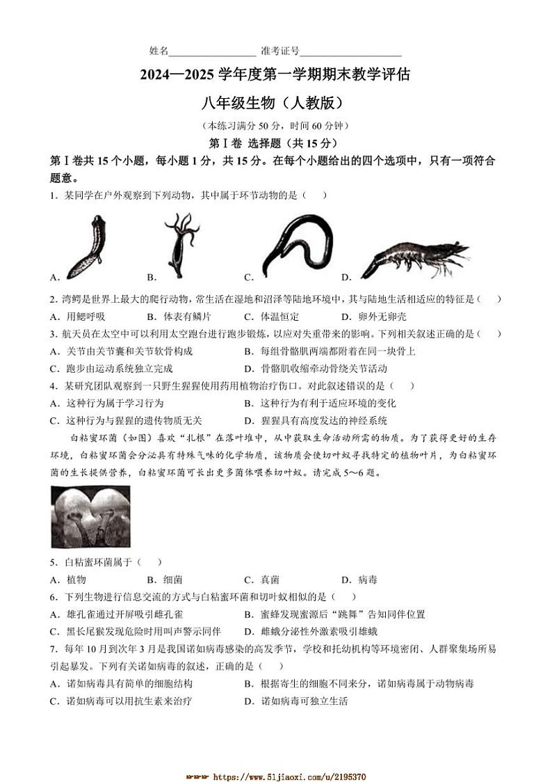 2024～2025学年山西省忻州市原平市学校八年级上期末生物试卷(含答案)第1页