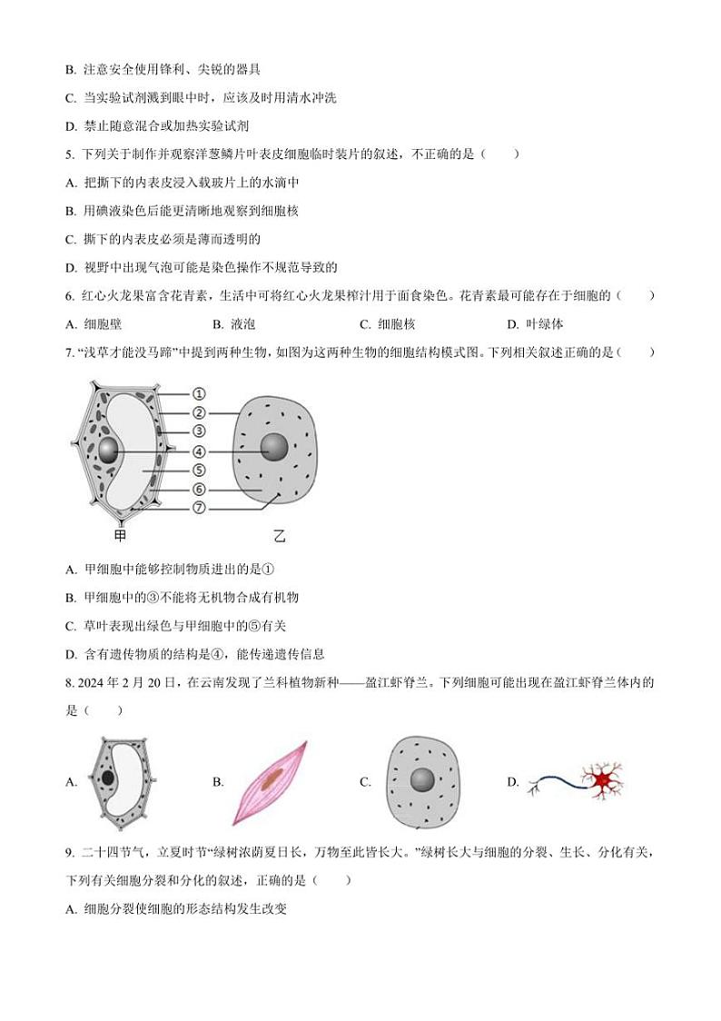 2024～2025学年云南省文山苗族自治区文山市七年级上期末生物试卷(含答案)第2页