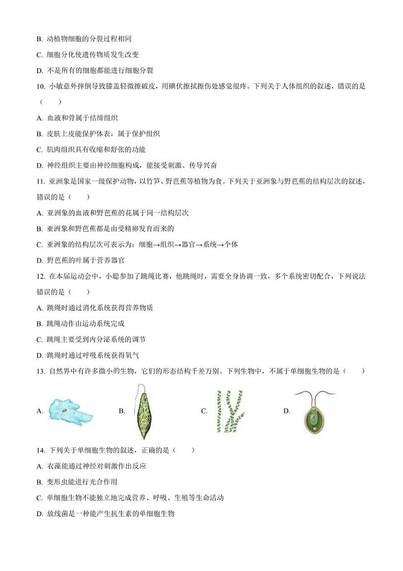 2024～2025学年云南省文山苗族自治区文山市七年级上期末生物试卷(含答案)第3页