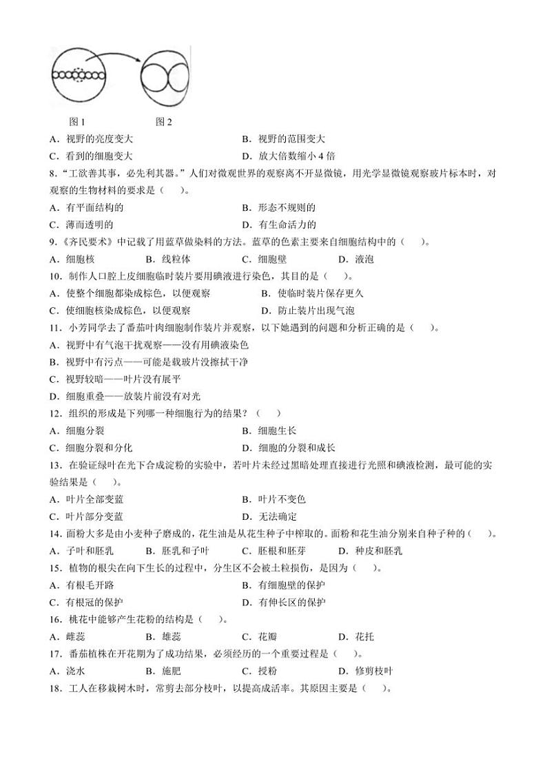 2024～2025学年广东省揭阳市惠来县七年级上期末生物试卷(含答案)第2页