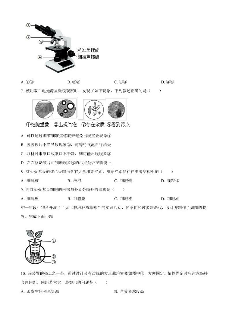 2024～2025学年福建省泉州市七年级上期末生物试卷(含答案)第2页