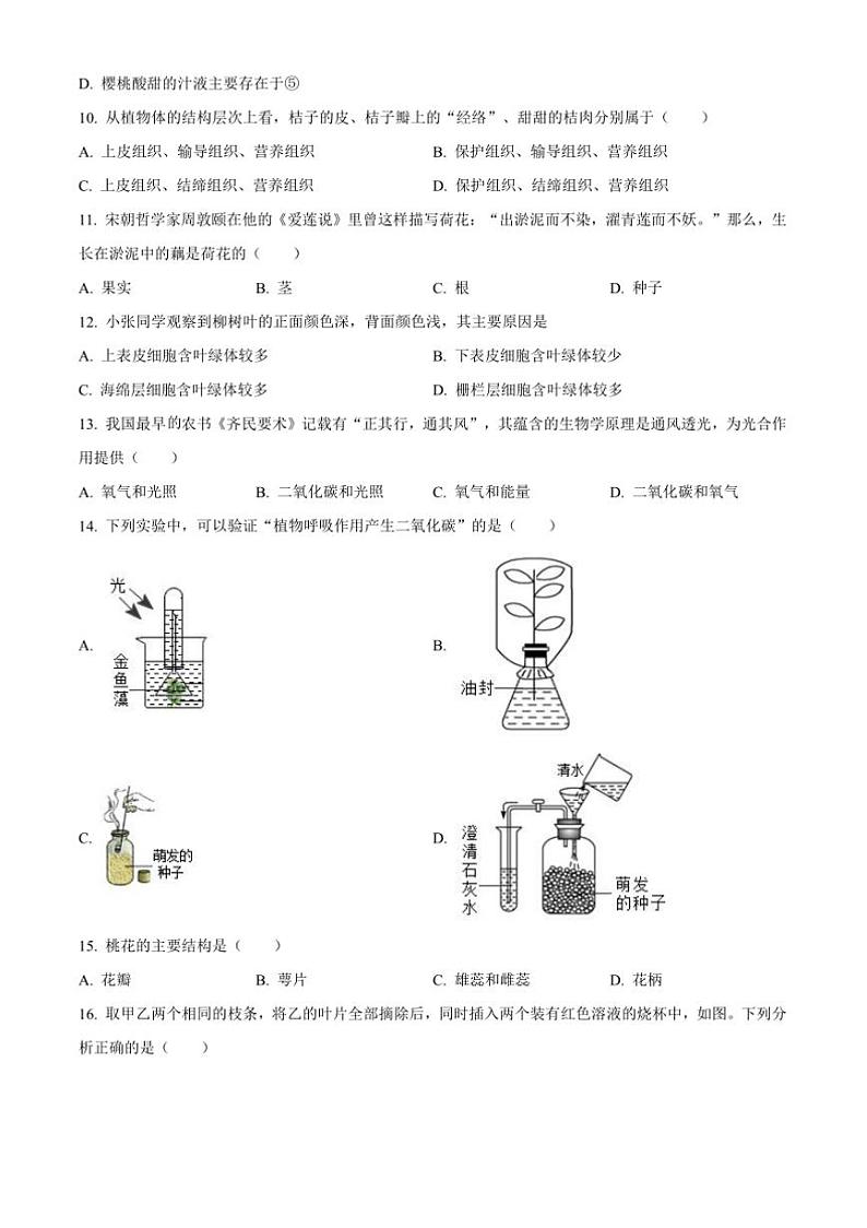 2024～2025学年安徽省淮南市教育集团七年级上期末生物试卷(含答案)第3页