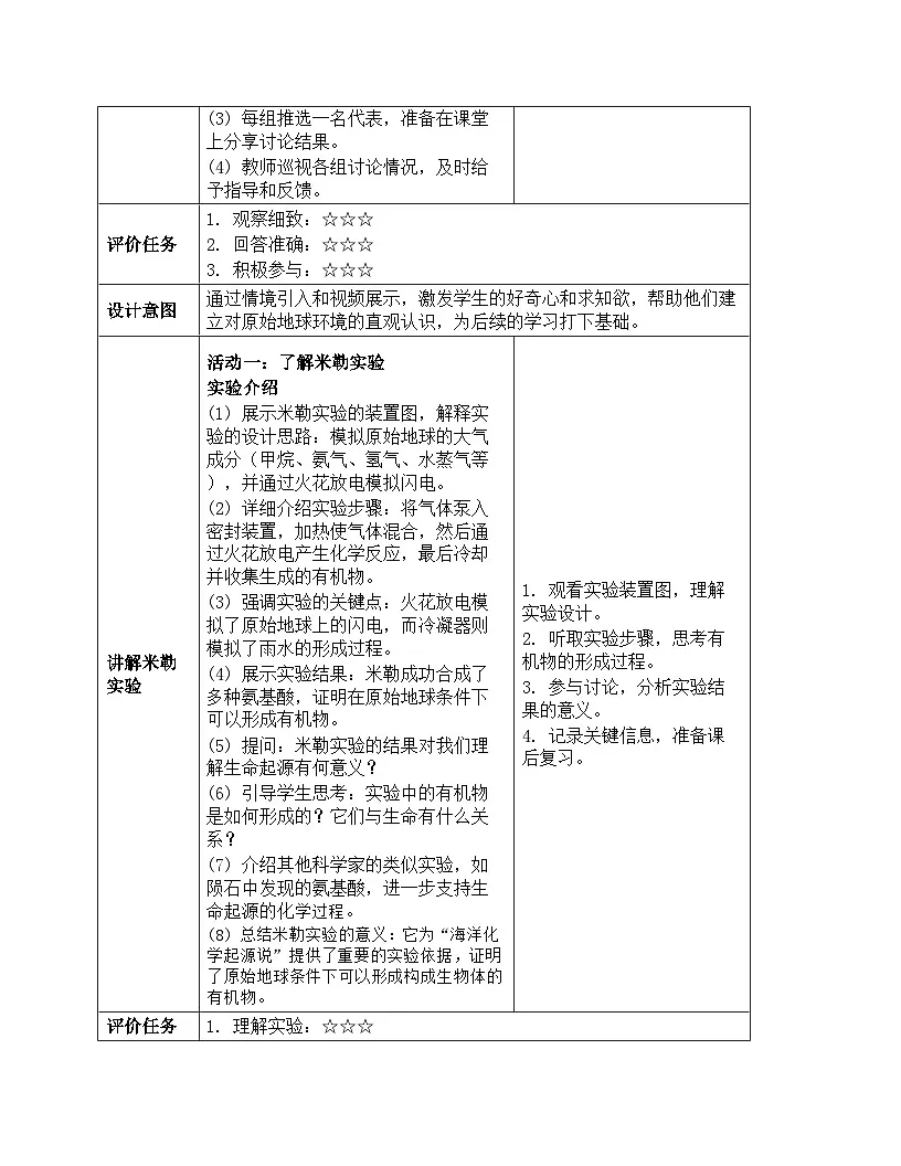 人教版生物学八年级下册《7.3.1 地球上生命的起源》教学设计第3页