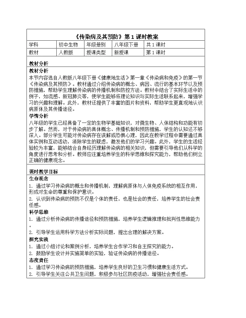 人教版生物学八年级下册《8.1.1 传染病及其预防》教学设计第1页