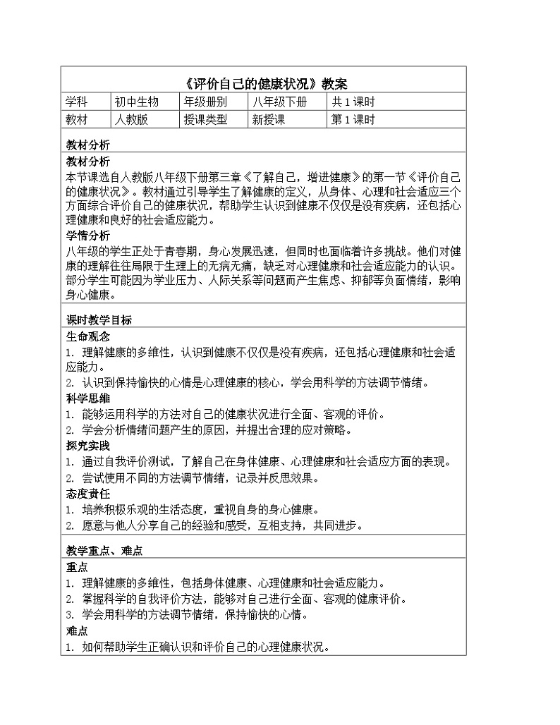 人教版生物学八年级下册《8.3.1 评价自己的健康状况》教学设计第1页