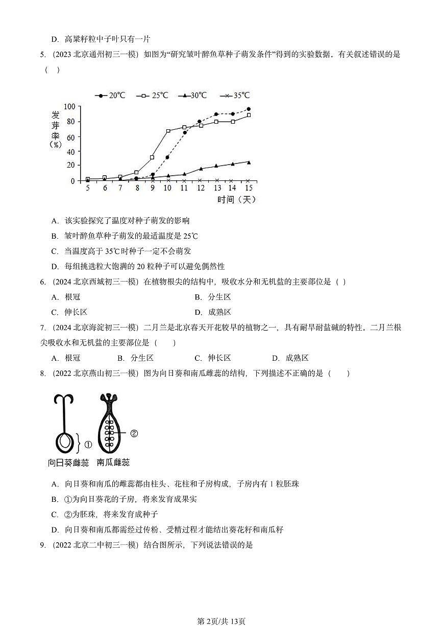2022-2024北京初三中考一模真题生物汇编：被子植物的一生章节综合第2页