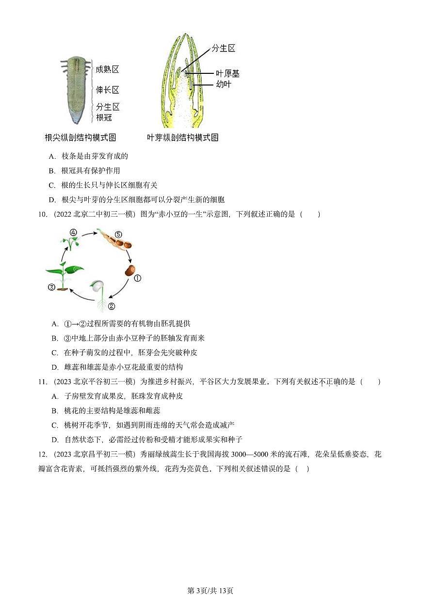2022-2024北京初三中考一模真题生物汇编：被子植物的一生章节综合第3页