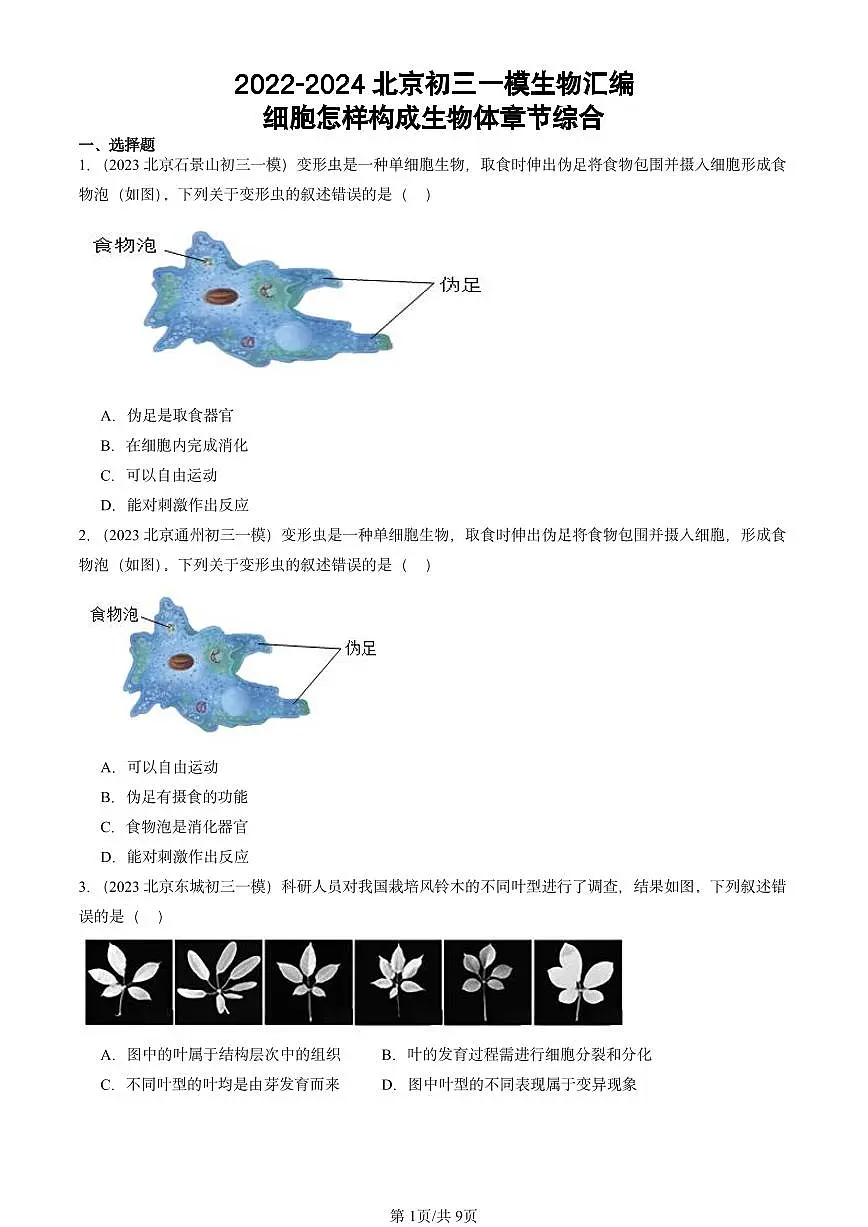 2022-2024北京初三中考一模真题生物汇编：细胞怎样构成生物体章节综合第1页