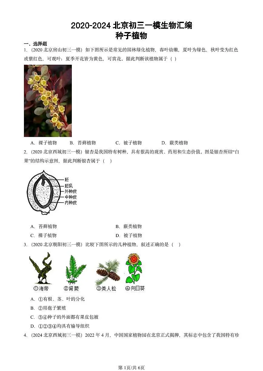 2020-2024北京初三中考一模真题生物汇编：种子植物第1页