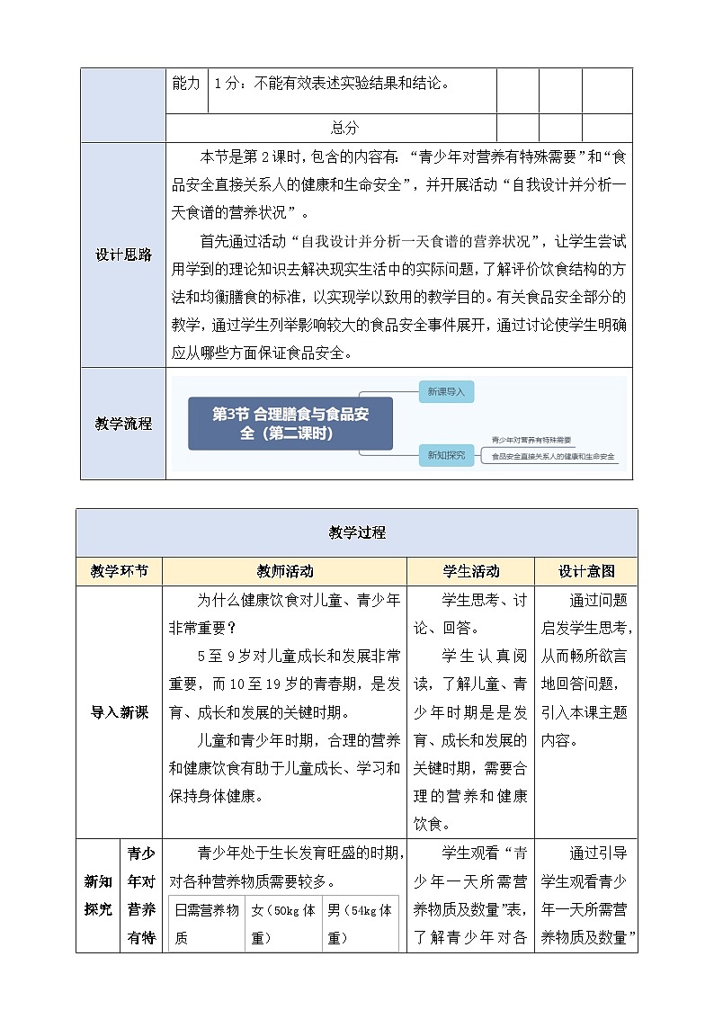 【大单元整体教学设计】北师大版生物七下 《4.6.3.2合理膳食与食品安全（第二课时）》教案第3页