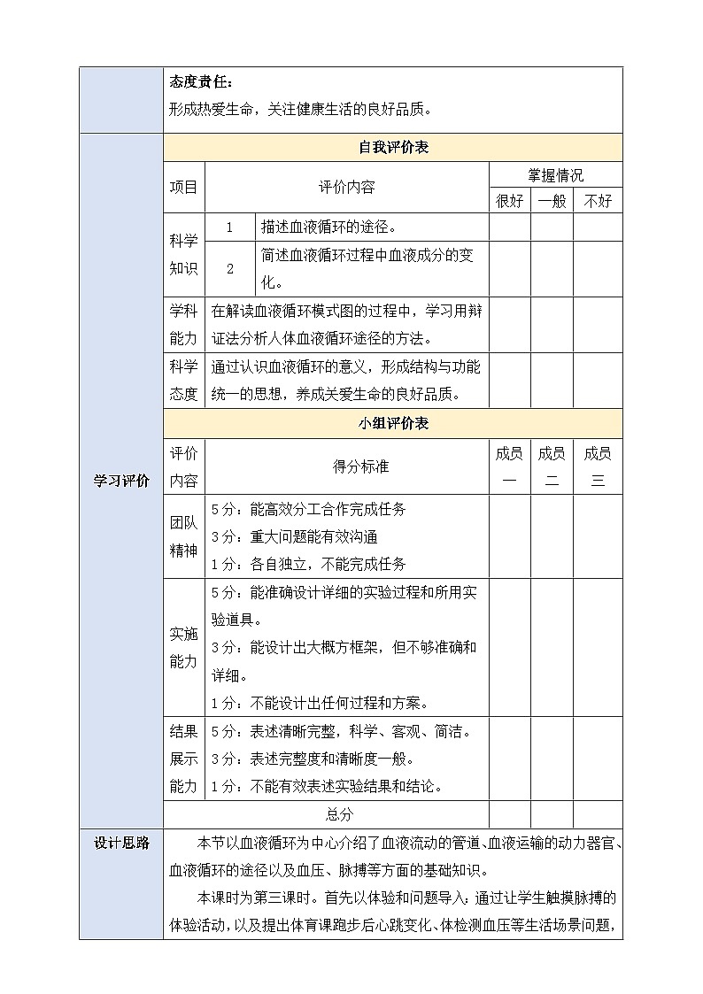 【大单元整体教学设计】北师大版生物七下 4.7.2.4血液循环（第四课时） 教案第2页